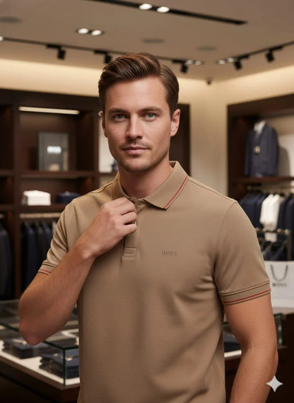 HUGO BOSS || Men's Slim-Fit Luxury Polo Shirt – Signature Tipped Collar & Cuff Design