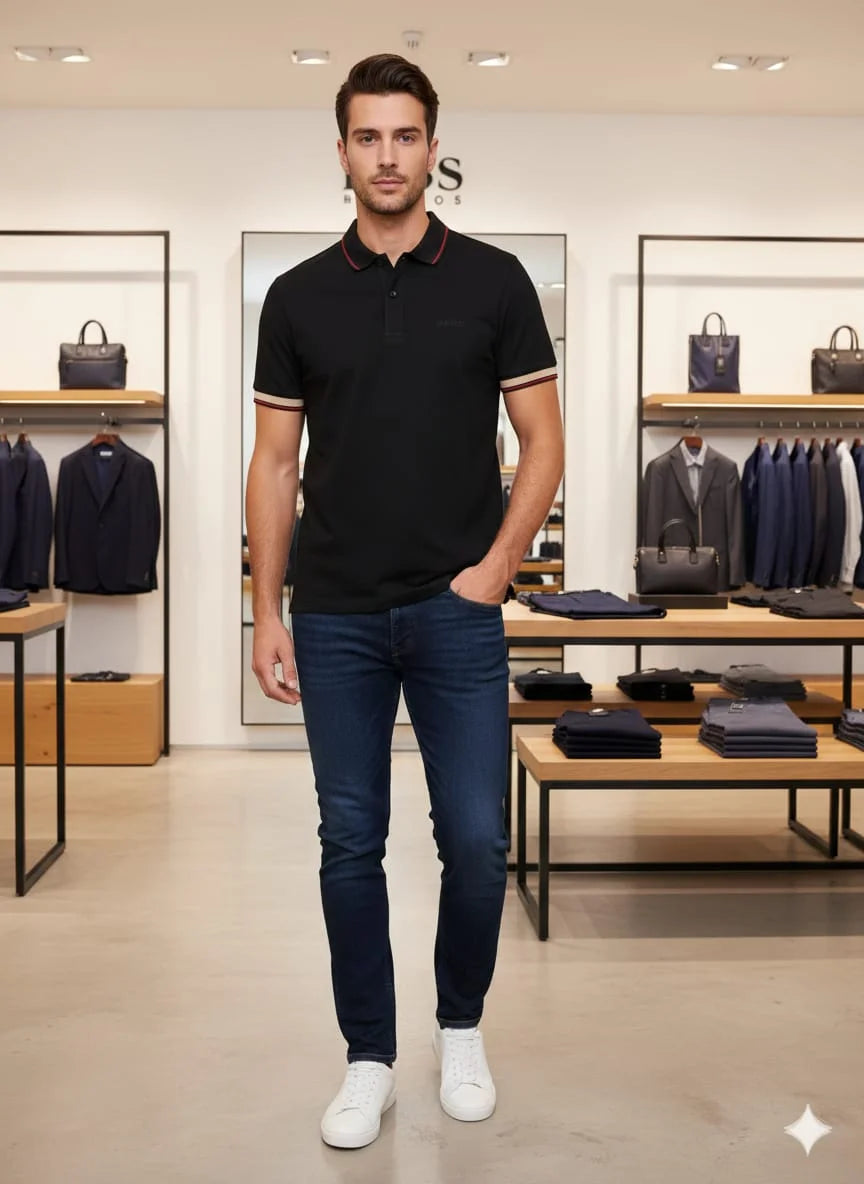 HUGO BOSS || Men's Slim-Fit Luxury Polo Shirt – Signature Tipped Collar & Cuff Design