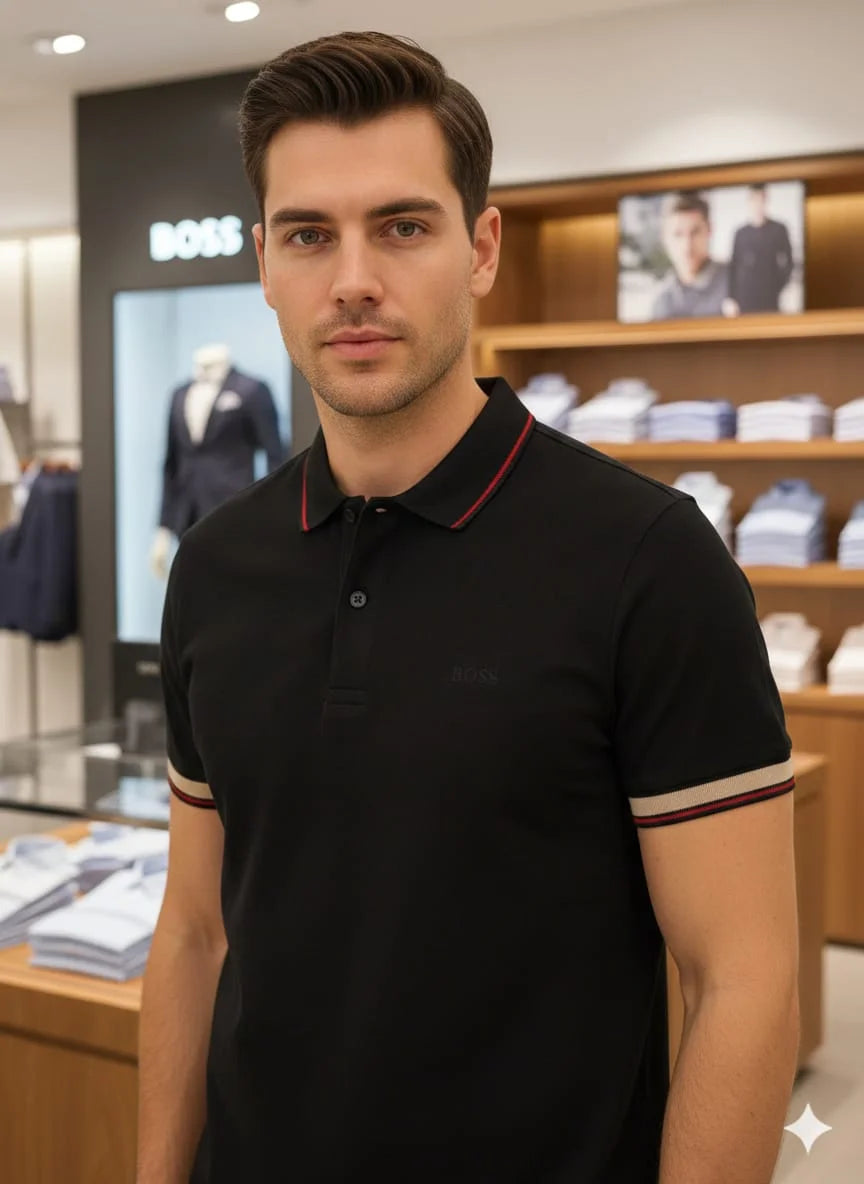 HUGO BOSS || Men's Slim-Fit Luxury Polo Shirt – Signature Tipped Collar & Cuff Design