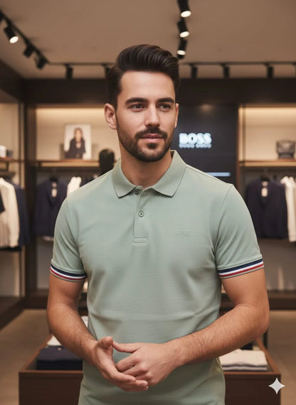 HUGO BOSS || Men's Slim-Fit Luxury Polo Shirt – Signature Tipped Collar & Cuff Design