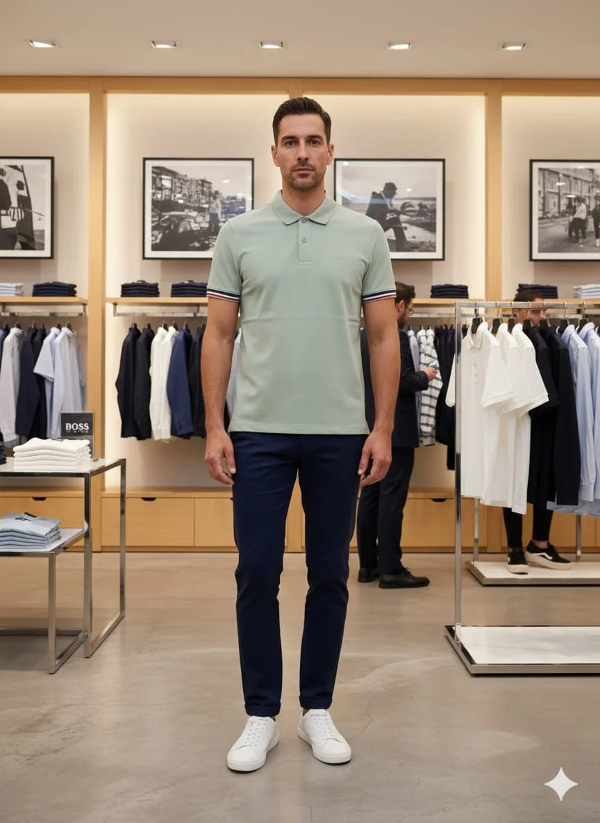 HUGO BOSS || Men's Slim-Fit Luxury Polo Shirt – Signature Tipped Collar & Cuff Design