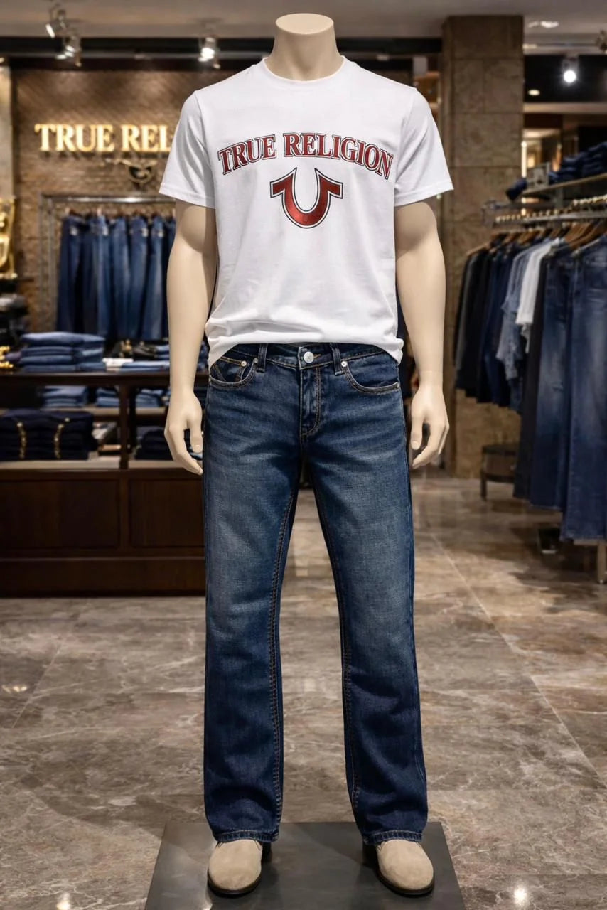 TRUE RELIGION || Men's Super T Straight Leg Jeans - Contrast Rope Stitch Denim with Buddha Pocket Embroidery