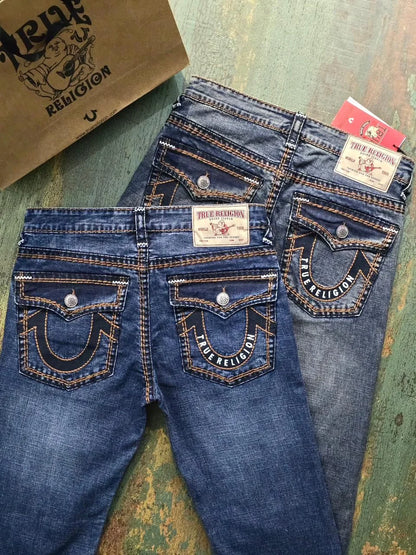 TRUE RELIGION || Men's Super T Straight Leg Jeans - Contrast Rope Stitch Denim with Buddha Pocket Embroidery