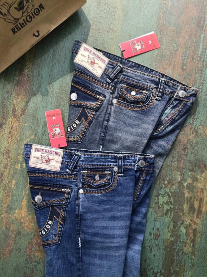 TRUE RELIGION || Men's Super T Straight Leg Jeans - Contrast Rope Stitch Denim with Buddha Pocket Embroidery