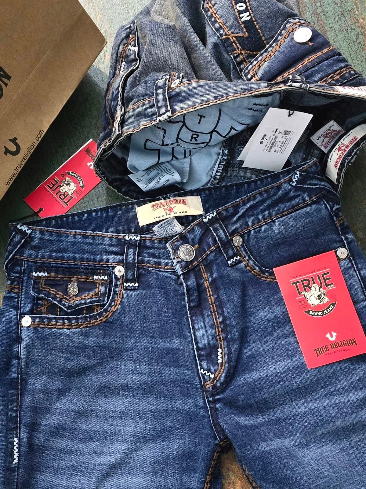 TRUE RELIGION || Men's Super T Straight Leg Jeans - Contrast Rope Stitch Denim with Buddha Pocket Embroidery