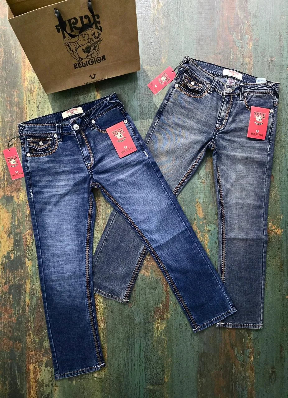 TRUE RELIGION || Men's Super T Straight Leg Jeans - Contrast Rope Stitch Denim with Buddha Pocket Embroidery