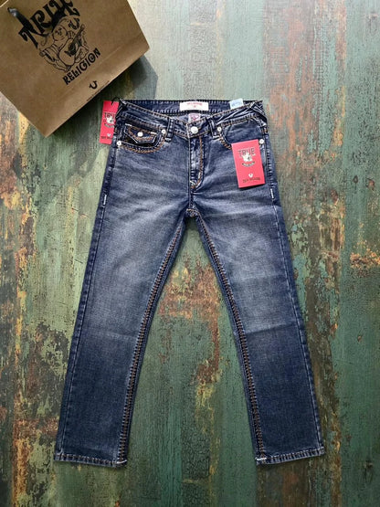 TRUE RELIGION || Men's Super T Straight Leg Jeans - Contrast Rope Stitch Denim with Buddha Pocket Embroidery