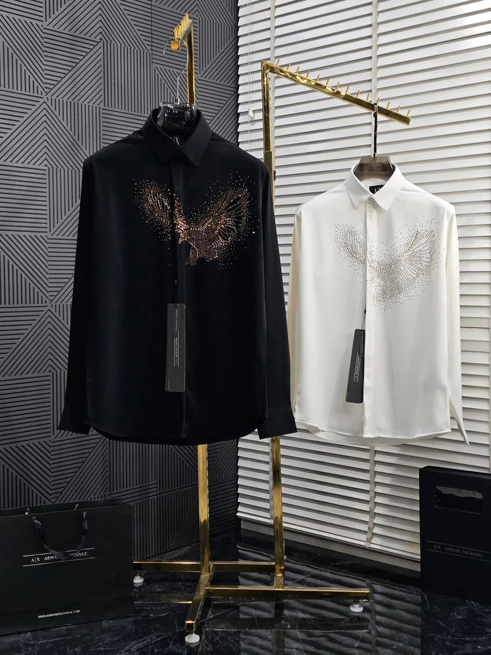 ARM*NI EXCH*NGE || Men's Studded Eagle Slim-Fit Button-Down Shirt – Available in Black & White