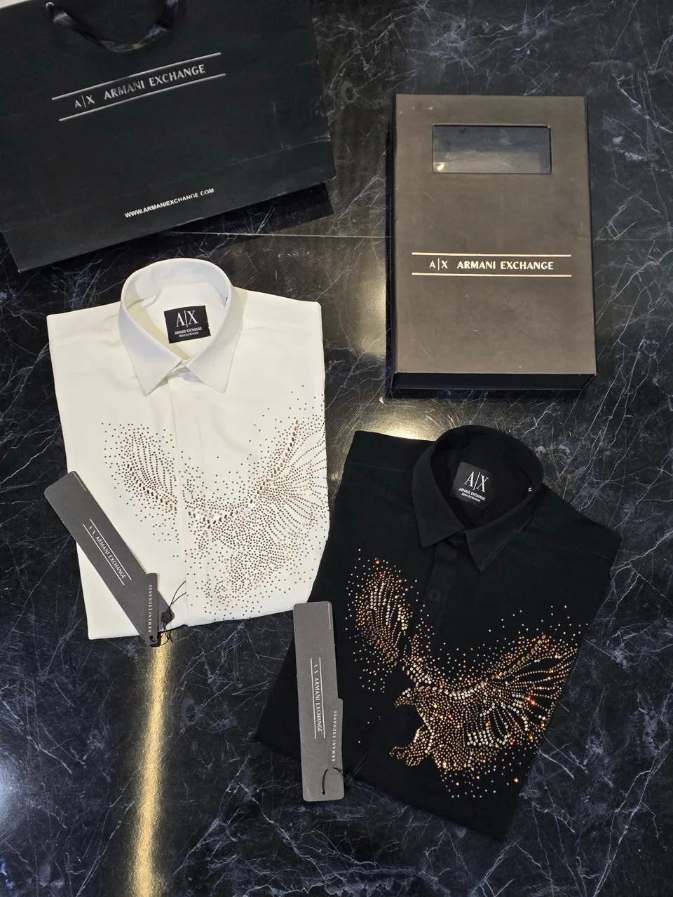 ARM*NI EXCH*NGE || Men's Studded Eagle Slim-Fit Button-Down Shirt – Available in Black & White