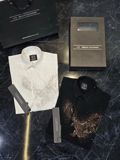ARM*NI EXCH*NGE || Men's Studded Eagle Slim-Fit Button-Down Shirt – Available in Black & White