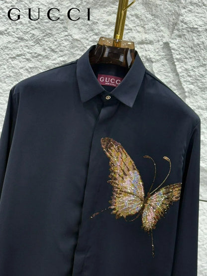 GUCCI || Men's Embroidered Butterfly Silk-Cotton Shirt – Limited Edition Crystal Embellished Button-Down