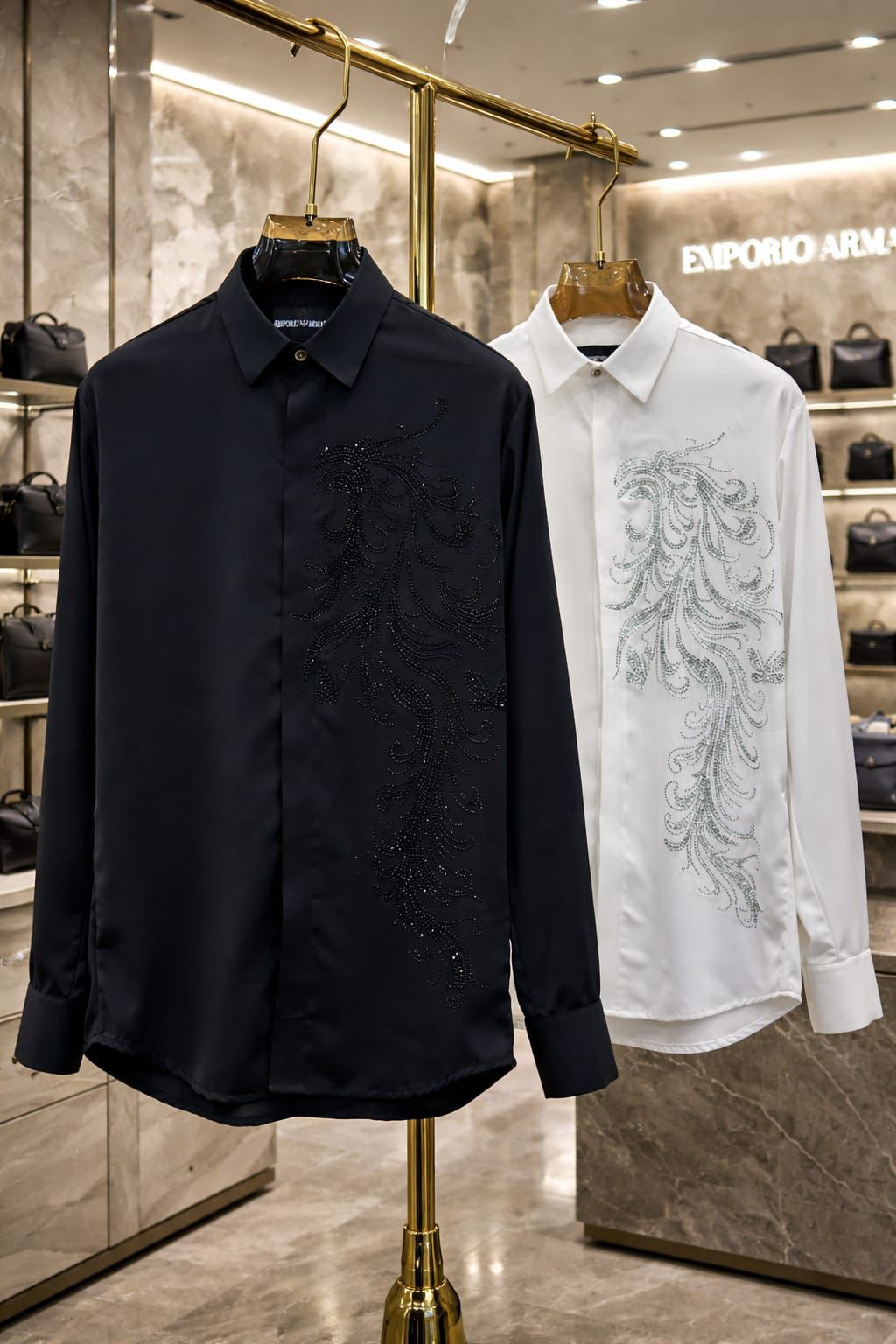 EMP*RIO ARM*NI || Men’s Slim-Fit Satin Shirt with Rhinestone Phoenix Embroidery