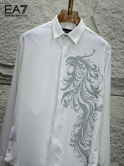 EMP*RIO ARM*NI || Men’s Slim-Fit Satin Shirt with Rhinestone Phoenix Embroidery