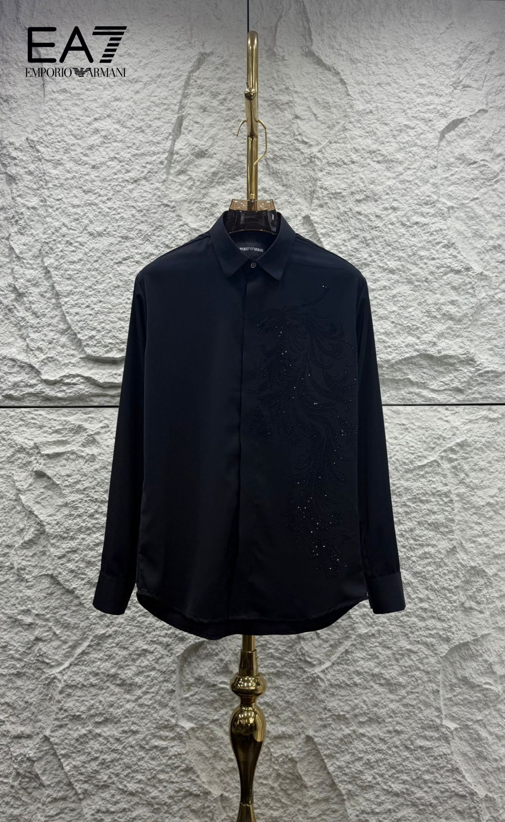 EMP*RIO ARM*NI || Men’s Slim-Fit Satin Shirt with Rhinestone Phoenix Embroidery