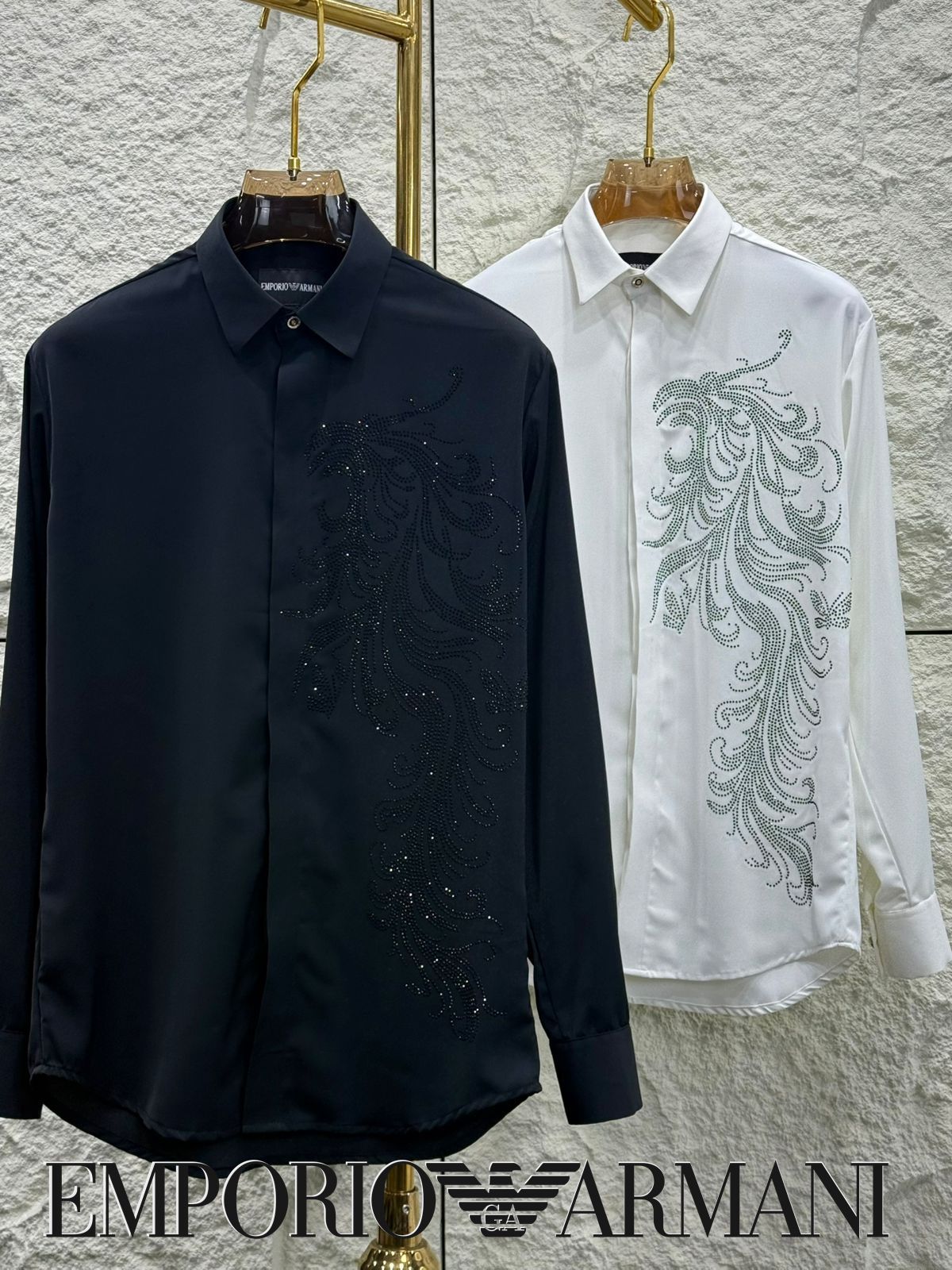 EMP*RIO ARM*NI || Men’s Slim-Fit Satin Shirt with Rhinestone Phoenix Embroidery