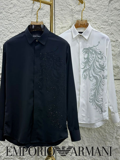 EMP*RIO ARM*NI || Men’s Slim-Fit Satin Shirt with Rhinestone Phoenix Embroidery