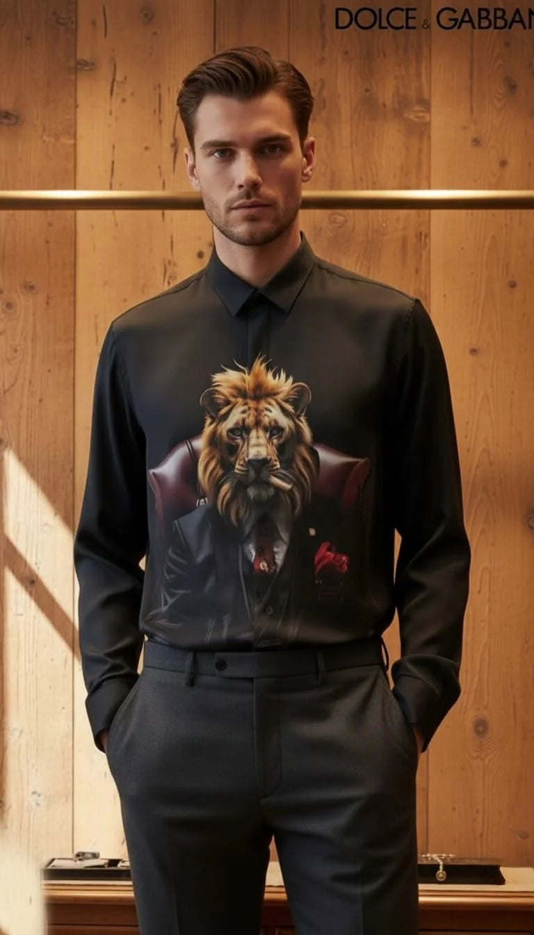 DOLCE & GABBANA || Men’s "Godfather Lion" Graphic Print Silk Shirt – Charcoal Black