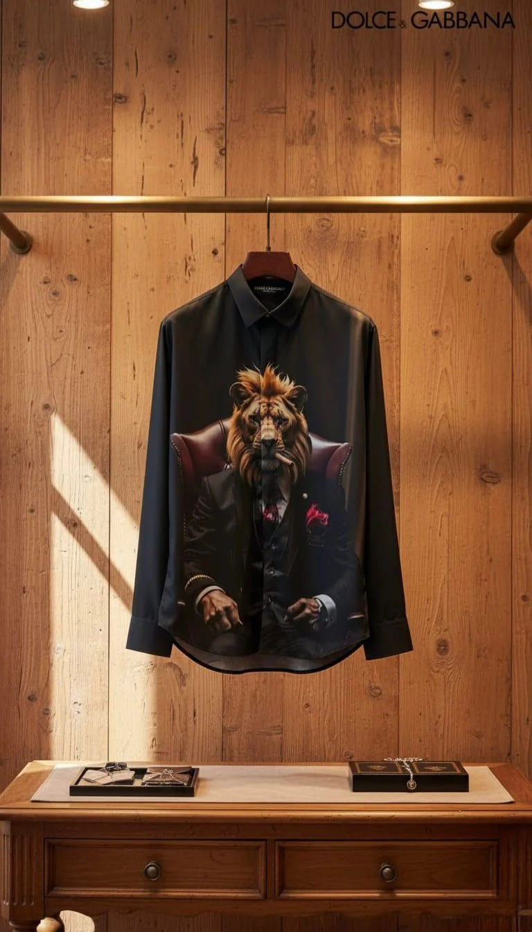 DOLCE & GABBANA || Men’s "Godfather Lion" Graphic Print Silk Shirt – Charcoal Black