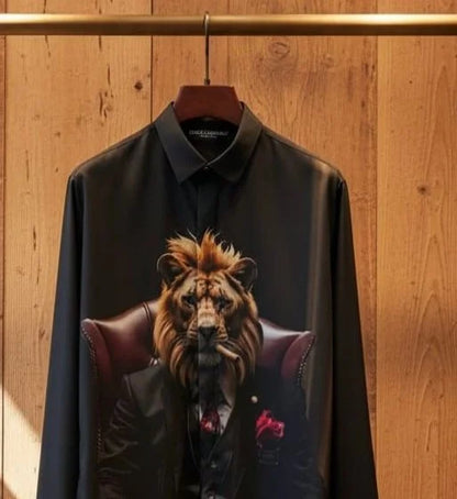 DOLCE & GABBANA || Men’s "Godfather Lion" Graphic Print Silk Shirt – Charcoal Black