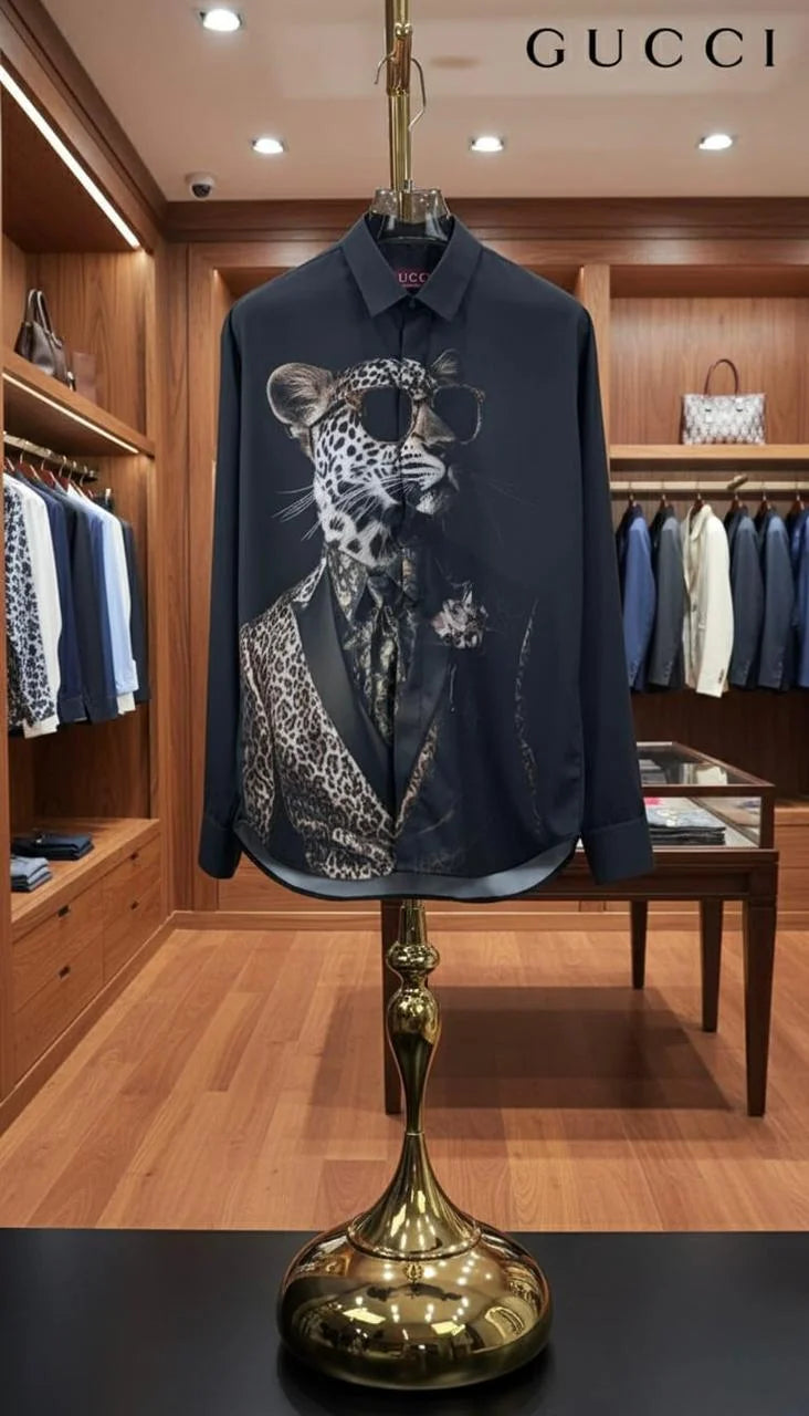GUCCI || Men’s "Leopard in Suit" Graphic Print Silk-Blend Shirt – Charcoal Grey