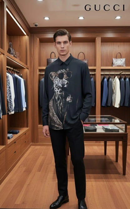 GUCCI || Men’s "Leopard in Suit" Graphic Print Silk-Blend Shirt – Charcoal Grey