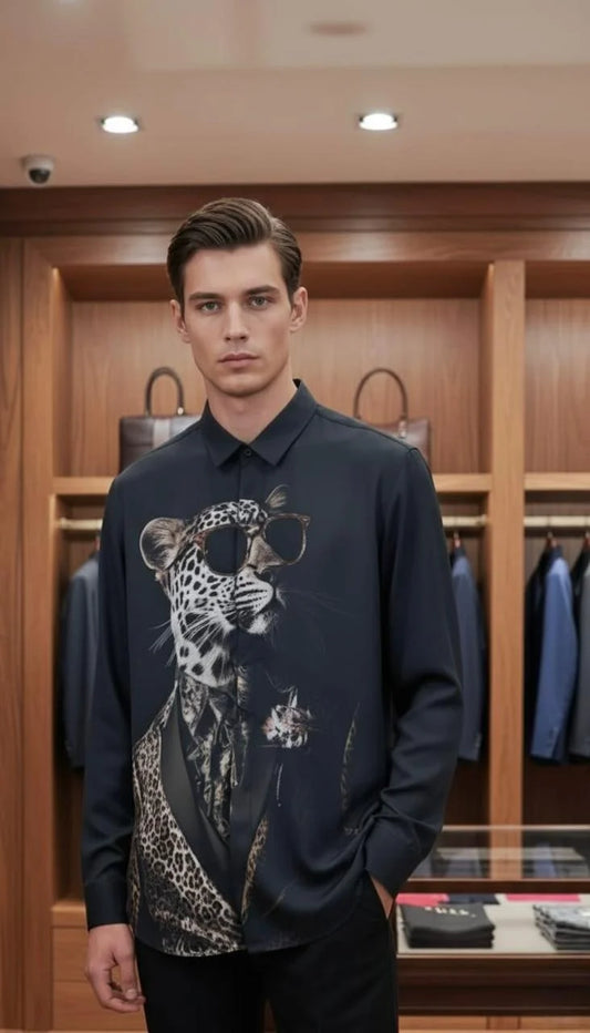 GUCCI || Men’s "Leopard in Suit" Graphic Print Silk-Blend Shirt – Charcoal Grey