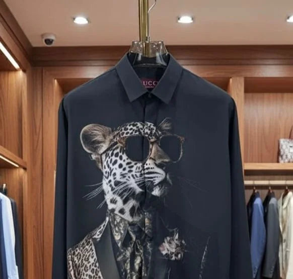 GUCCI || Men’s "Leopard in Suit" Graphic Print Silk-Blend Shirt – Charcoal Grey