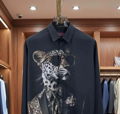 GUCCI || Men’s "Leopard in Suit" Graphic Print Silk-Blend Shirt – Charcoal Grey