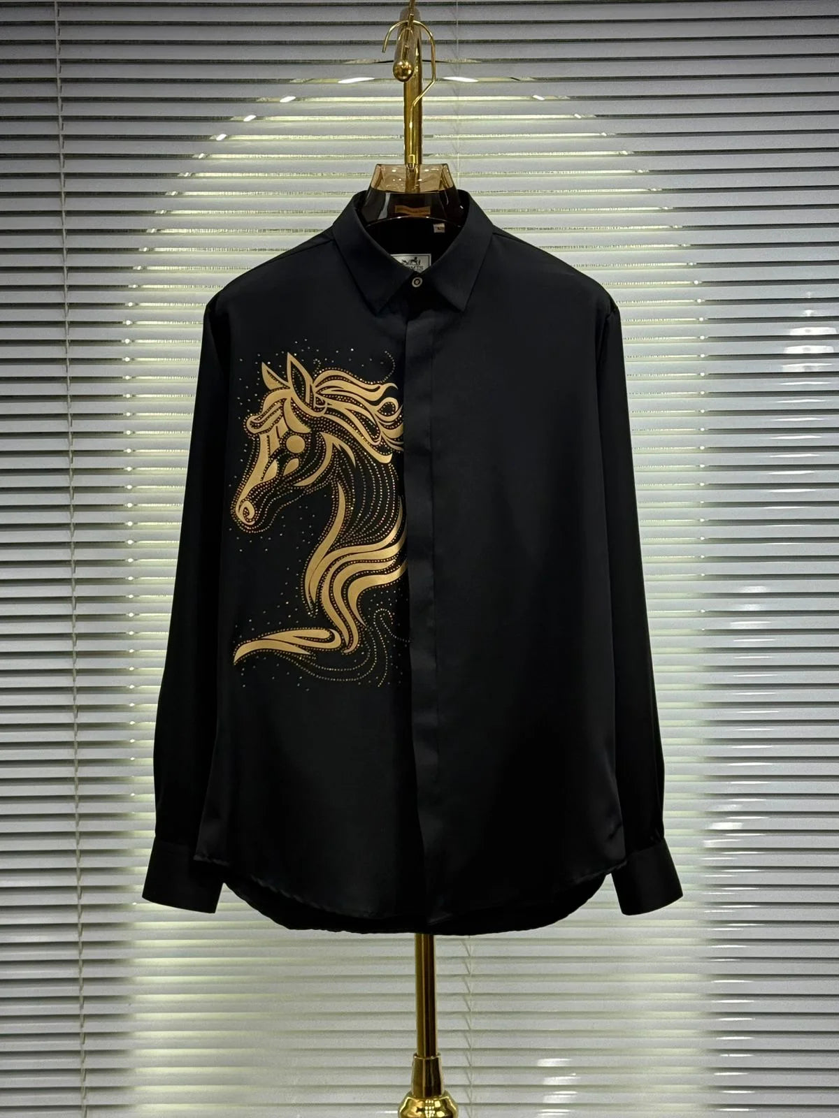 HERMES || Men's Embroidered Horse Motif Black Silk Button-Down Shirt
