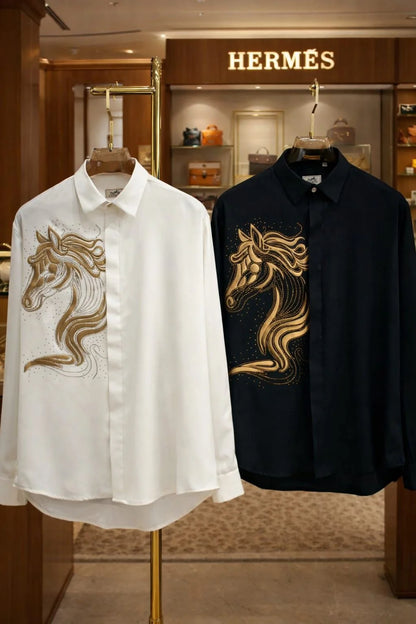 HERMES || Men's Embroidered Horse Motif Black Silk Button-Down Shirt