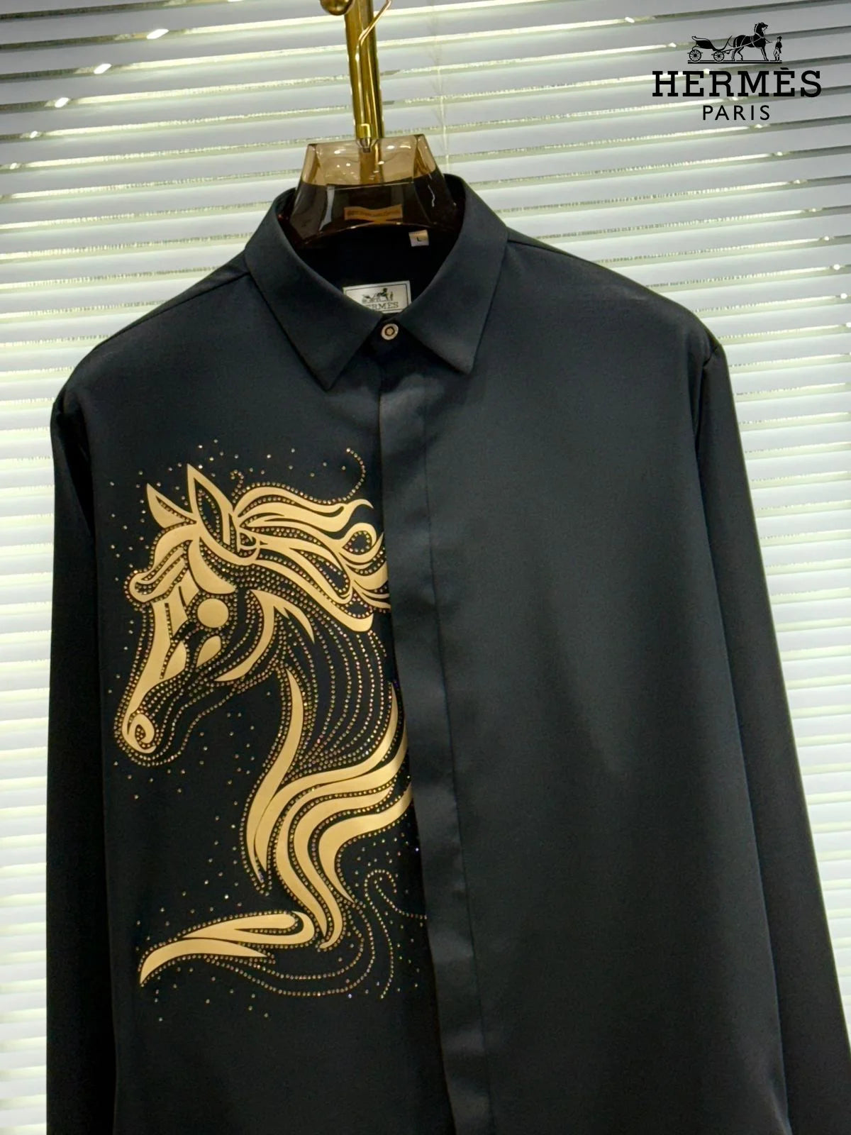 HERMES || Men's Embroidered Horse Motif Black Silk Button-Down Shirt