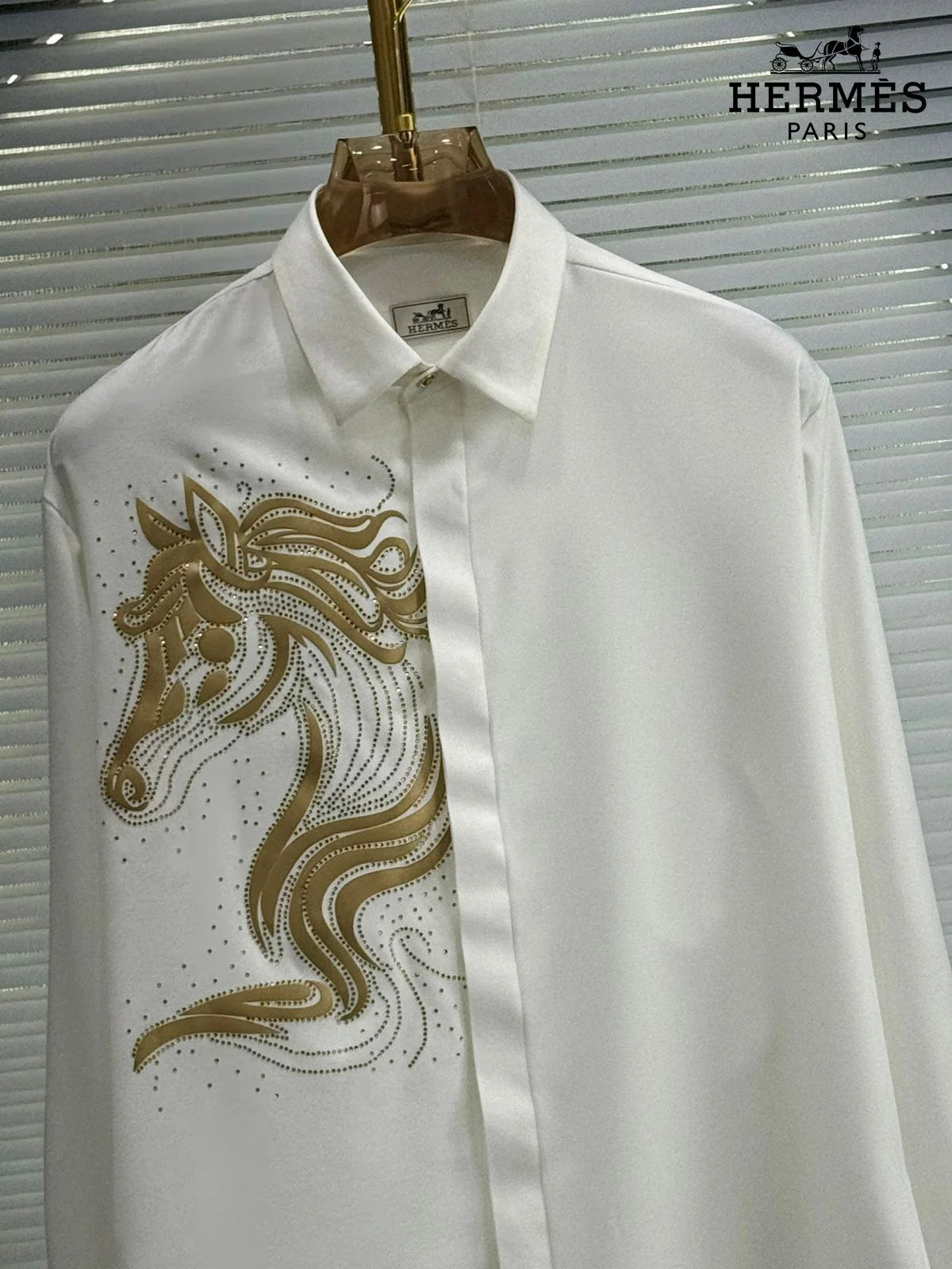 HERMES || Men's Embroidered Horse Motif Black Silk Button-Down Shirt