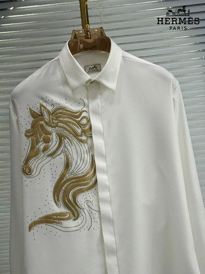 HERMES || Men's Embroidered Horse Motif Black Silk Button-Down Shirt