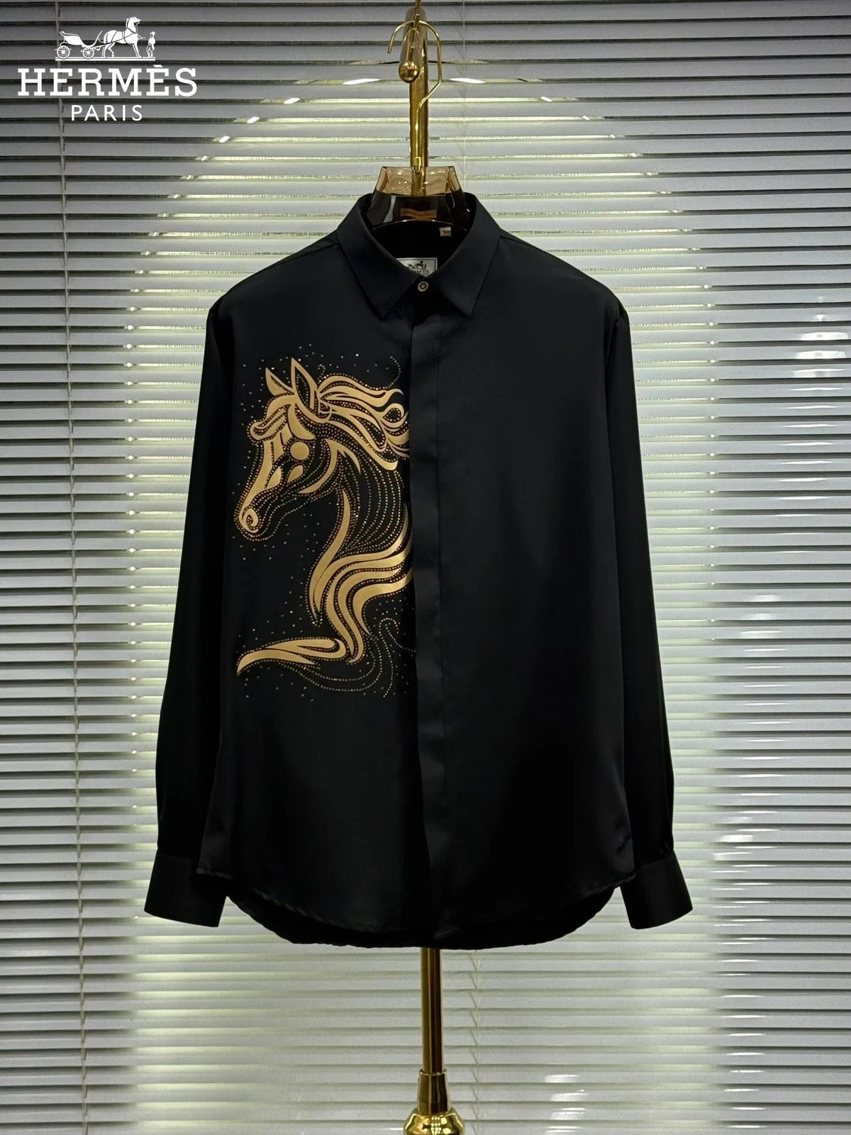 HERMES || Men's Embroidered Horse Motif Black Silk Button-Down Shirt