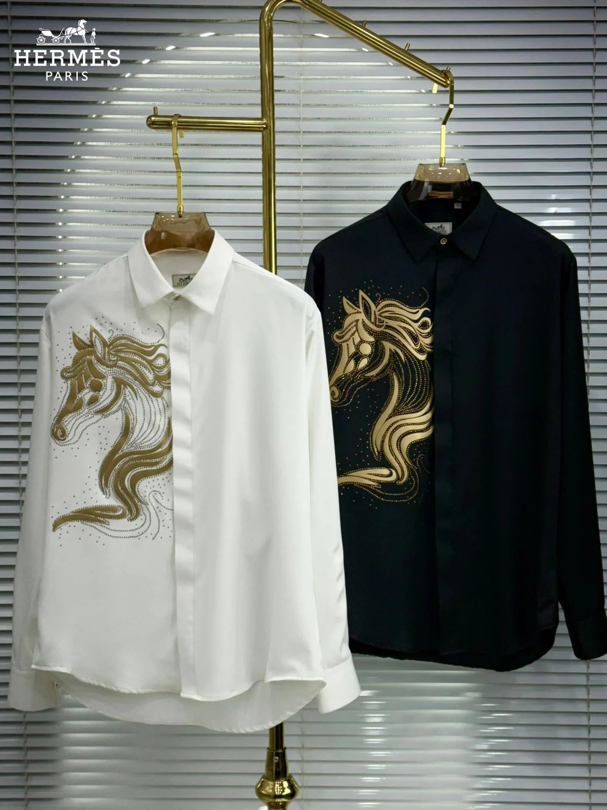 HERMES || Men's Embroidered Horse Motif Black Silk Button-Down Shirt