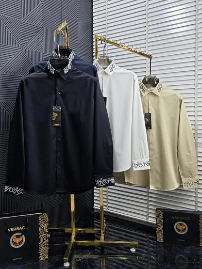 VERSACE || Embroidered Barocco Collar & Cuff Button-Down Shirt – Luxury Slim Fit Cotton Dress Shirt