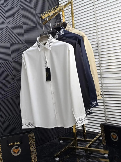 VERSACE || Embroidered Barocco Collar & Cuff Button-Down Shirt – Luxury Slim Fit Cotton Dress Shirt