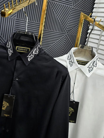 VERSACE || Embroidered Barocco Collar & Cuff Button-Down Shirt – Luxury Slim Fit Cotton Dress Shirt