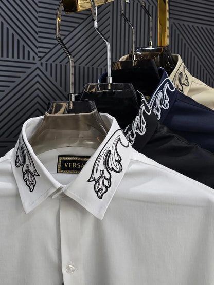 VERSACE || Embroidered Barocco Collar & Cuff Button-Down Shirt – Luxury Slim Fit Cotton Dress Shirt