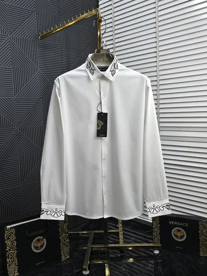 VERSACE || Embroidered Barocco Collar & Cuff Button-Down Shirt – Luxury Slim Fit Cotton Dress Shirt