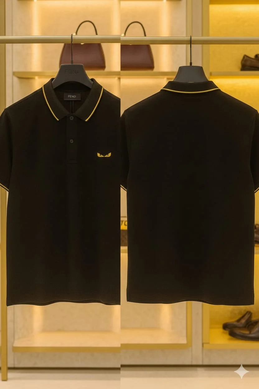 FENDI || Men's Bag Bugs Eyes Polo Shirt – Contrast Tipped Piqué Cotton