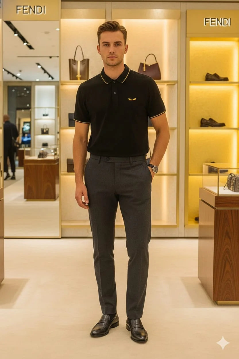 FENDI || Men's Bag Bugs Eyes Polo Shirt – Contrast Tipped Piqué Cotton