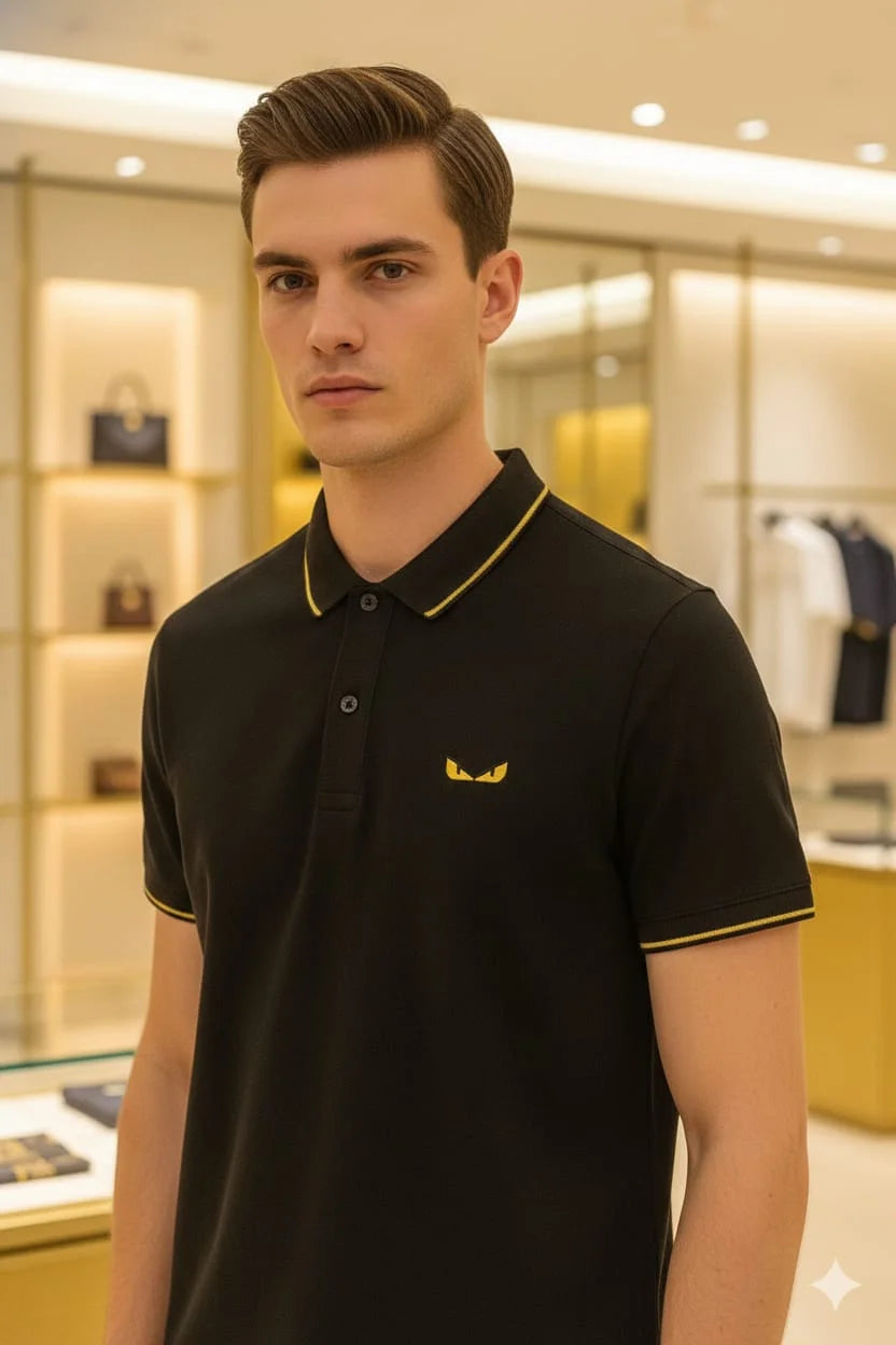 FENDI || Men's Bag Bugs Eyes Polo Shirt – Contrast Tipped Piqué Cotton