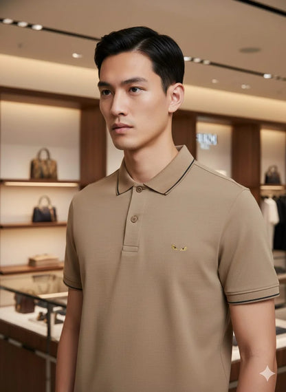 FENDI || Men's Bag Bugs Eyes Polo Shirt – Contrast Tipped Piqué Cotton