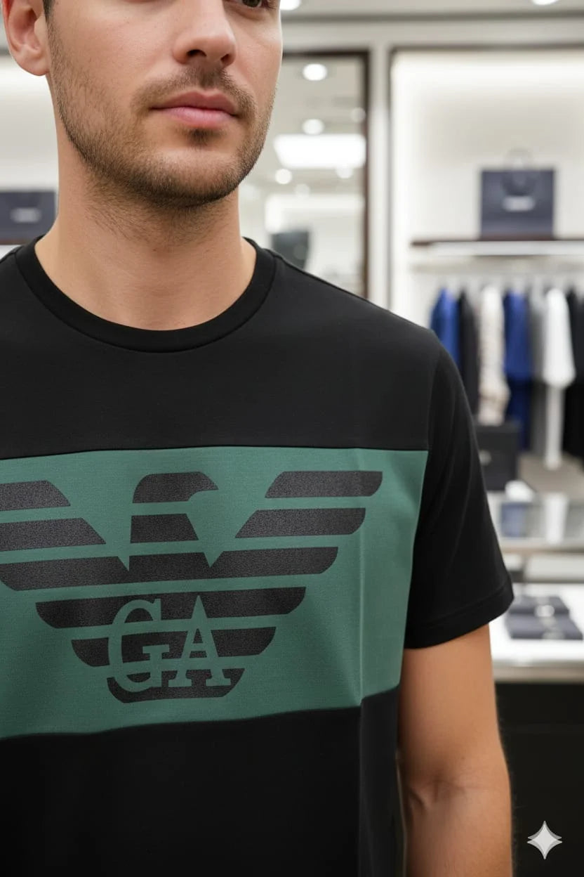 GIO*GIO ARM*NI || Men’s Eagle Logo Color-Block T-Shirt – Premium Slim Fit Crew Neck