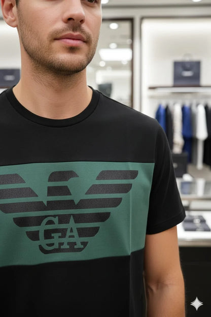 GIO*GIO ARM*NI || Men’s Eagle Logo Color-Block T-Shirt – Premium Slim Fit Crew Neck
