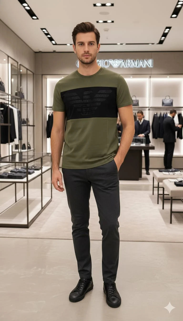 GIO*GIO ARM*NI || Men’s Eagle Logo Color-Block T-Shirt – Premium Slim Fit Crew Neck