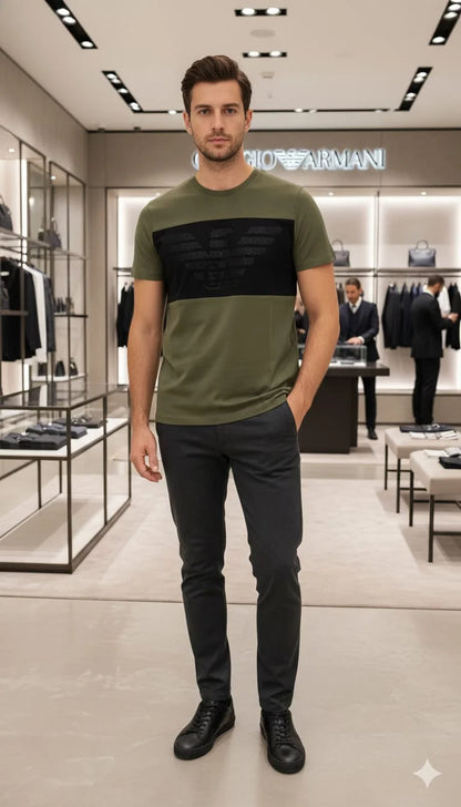 GIO*GIO ARM*NI || Men’s Eagle Logo Color-Block T-Shirt – Premium Slim Fit Crew Neck