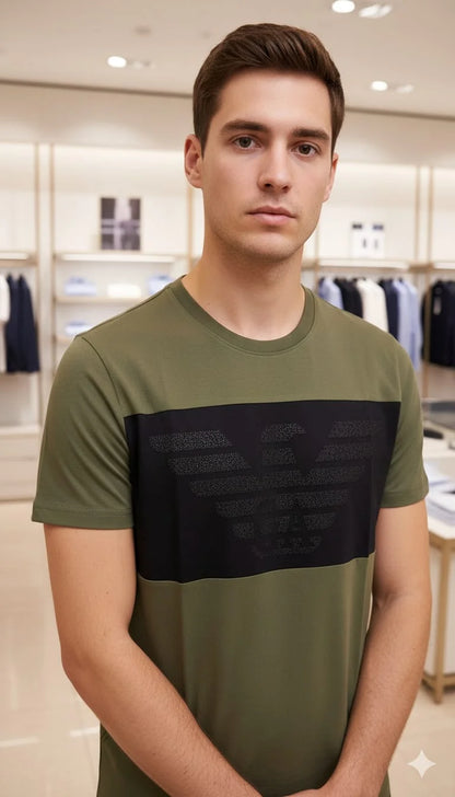 GIO*GIO ARM*NI || Men’s Eagle Logo Color-Block T-Shirt – Premium Slim Fit Crew Neck