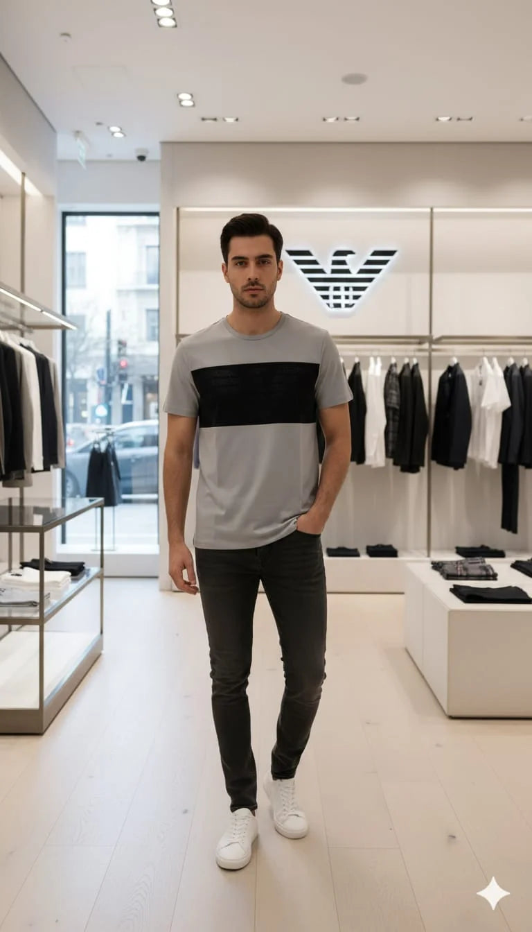 GIO*GIO ARM*NI || Men’s Eagle Logo Color-Block T-Shirt – Premium Slim Fit Crew Neck